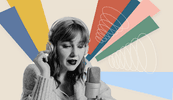 A woman wearing headphones using a microphone in front of a rainbow collage background.