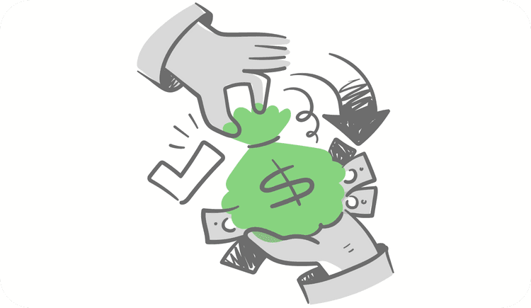 An illustration showing a therapist's hand receiving a sack of money as reimbursement for late insurance claims