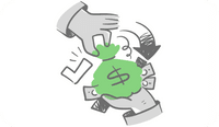 An illustration showing a therapist's hand receiving a sack of money as reimbursement for late insurance claims