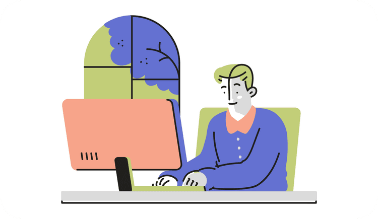 An illustration of a therapist working at a computer wondering how to write a therapist bio