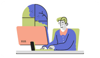 An illustration of a therapist working at a computer wondering how to write a therapist bio