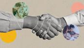 Two people are shaking hands in front of an illustrated collage background