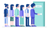 Illustration of therapist office with a great therapy retention rates program with a line of clients waiting to get into the office