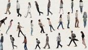 A collage of people walking in different directions