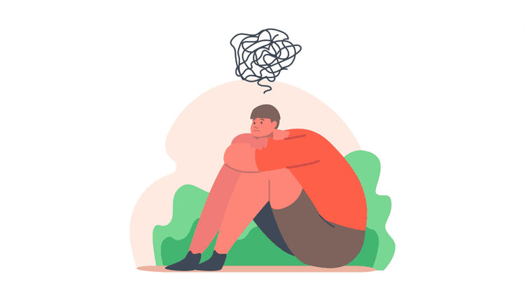 An illustration of a person thinking about a swirl of thoughts around narrative therapy techniques