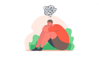 An illustration of a person thinking about a swirl of thoughts around narrative therapy techniques