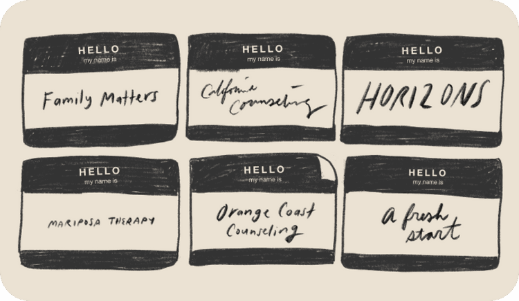 An illustration of six stickers that say Hello, my name is and list a number of different therapy private practice names