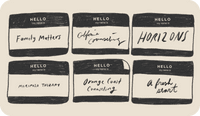An illustration of six stickers that say Hello, my name is and list a number of different therapy private practice names