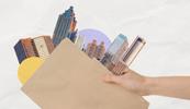 an illustration of a city scape overlaid on top of a person holding a manilla folder