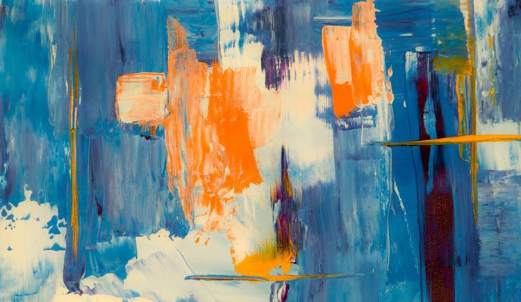 An abstract art piece, with blue and orange hues. An example of art for therapist offices.