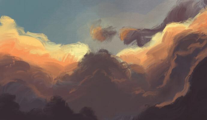 A watercolor image of dark clouds at sunrise.