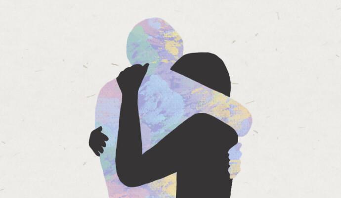An illustrated silhouette of two people hugging after discussing a trauma narrative.