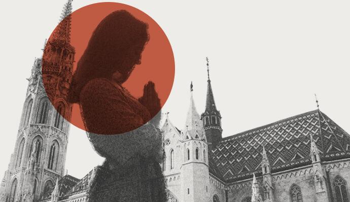 A collage of a woman standing in front of an old church. There is a red circle overlaid on the image.