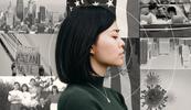 A profile of a young Asian woman in front of a black and white collage of images.