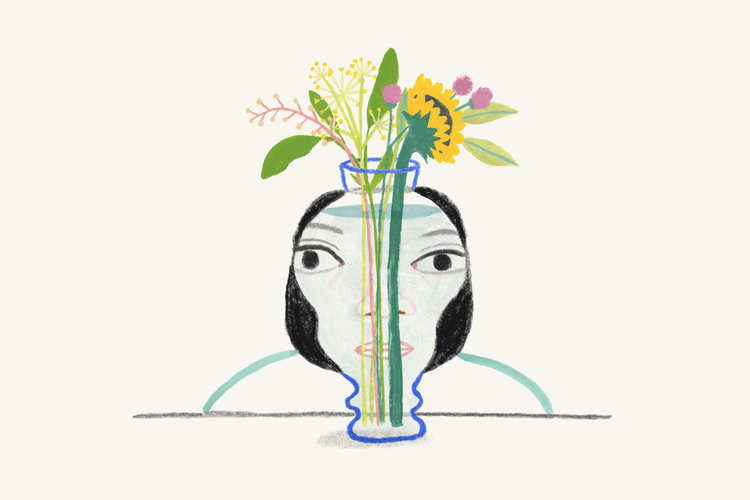 An illustration of bipolar disorder, with a face separated down the middle by a flower vase.