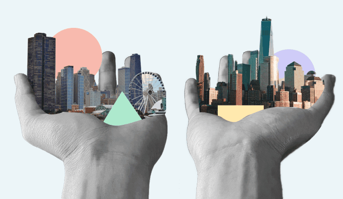 A collage of two hands, palms facing up. In each hand is a collage of a city skyline.