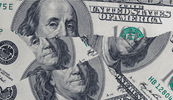 A collage of ripped dollar bills.