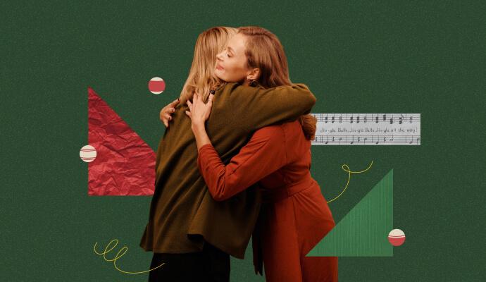 A collage of two women hugging in front of a dark green background.