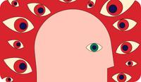 An illustration shows a face of a person with anxiety who is surrounded by eyes which are visual indicators of his negative thoughts so he's considering CBT for social anxiety