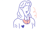 An illustration of a female therapy with a heart on her shirt, as she tells her therapist 'I love you'