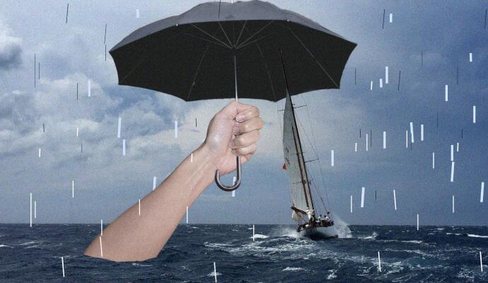 A collage of a hand holding an umbrella in a stormy sea.