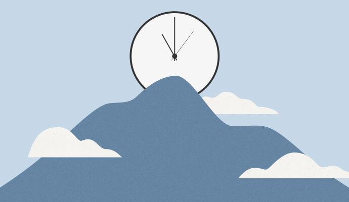 Illustrated image of a snow capped mountain against a clock ideating on whether are 30 minute therapy sessions effective as longer sessions