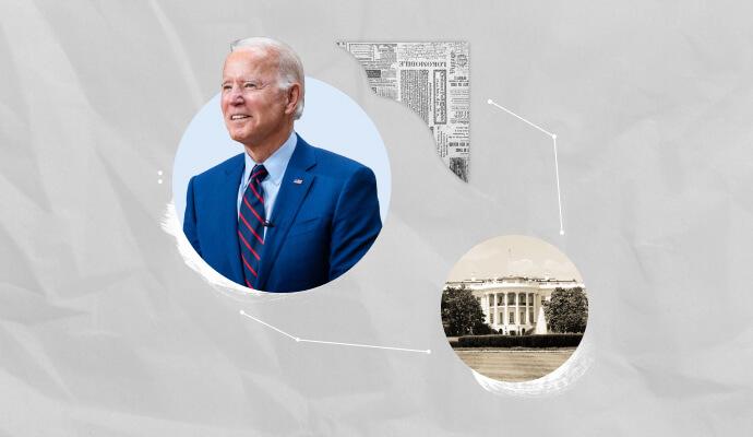 A collage of Biden, the White House, and a grey background.