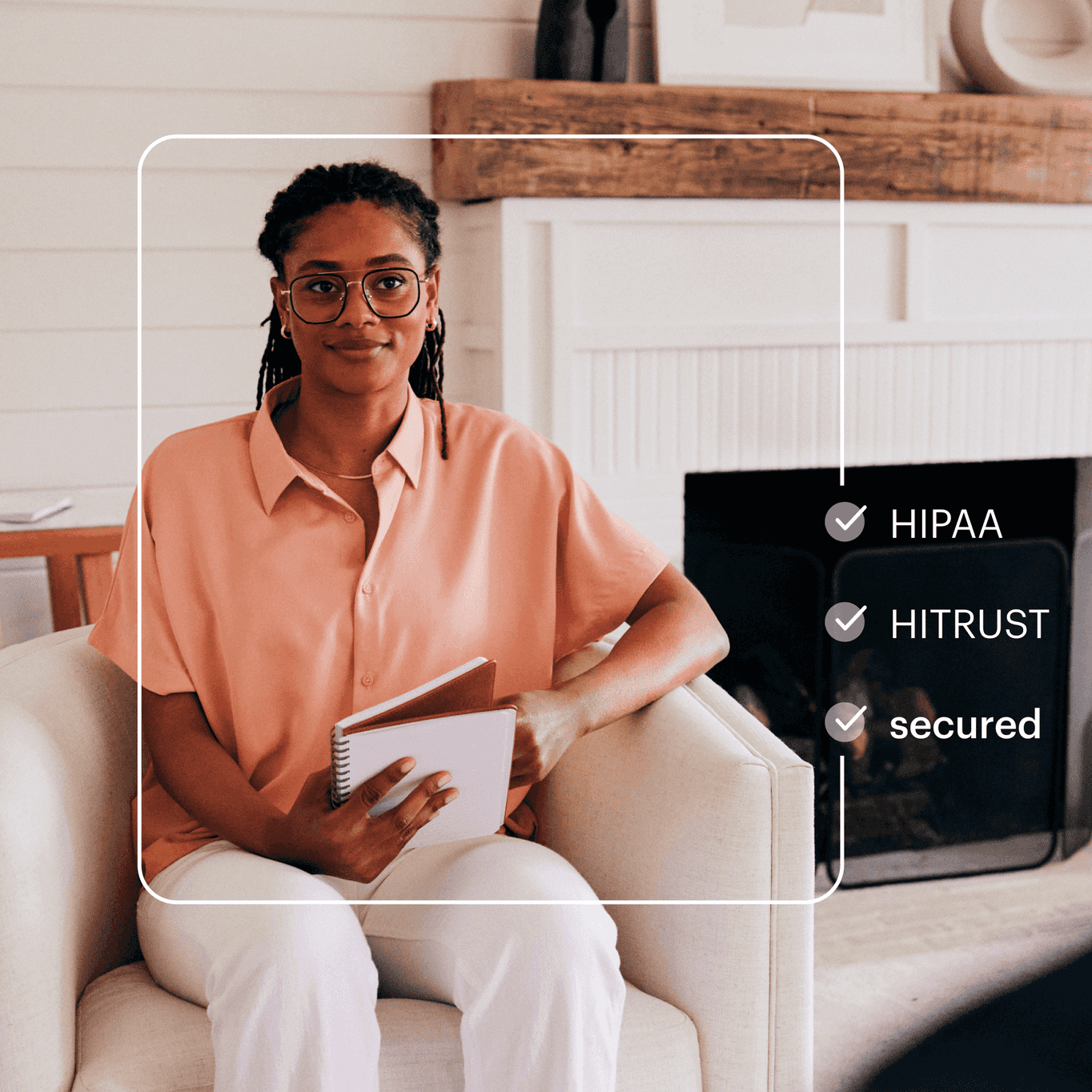 practitioner sitting on a chair with an overlay with text stating HIPAA, HITRUST and secured