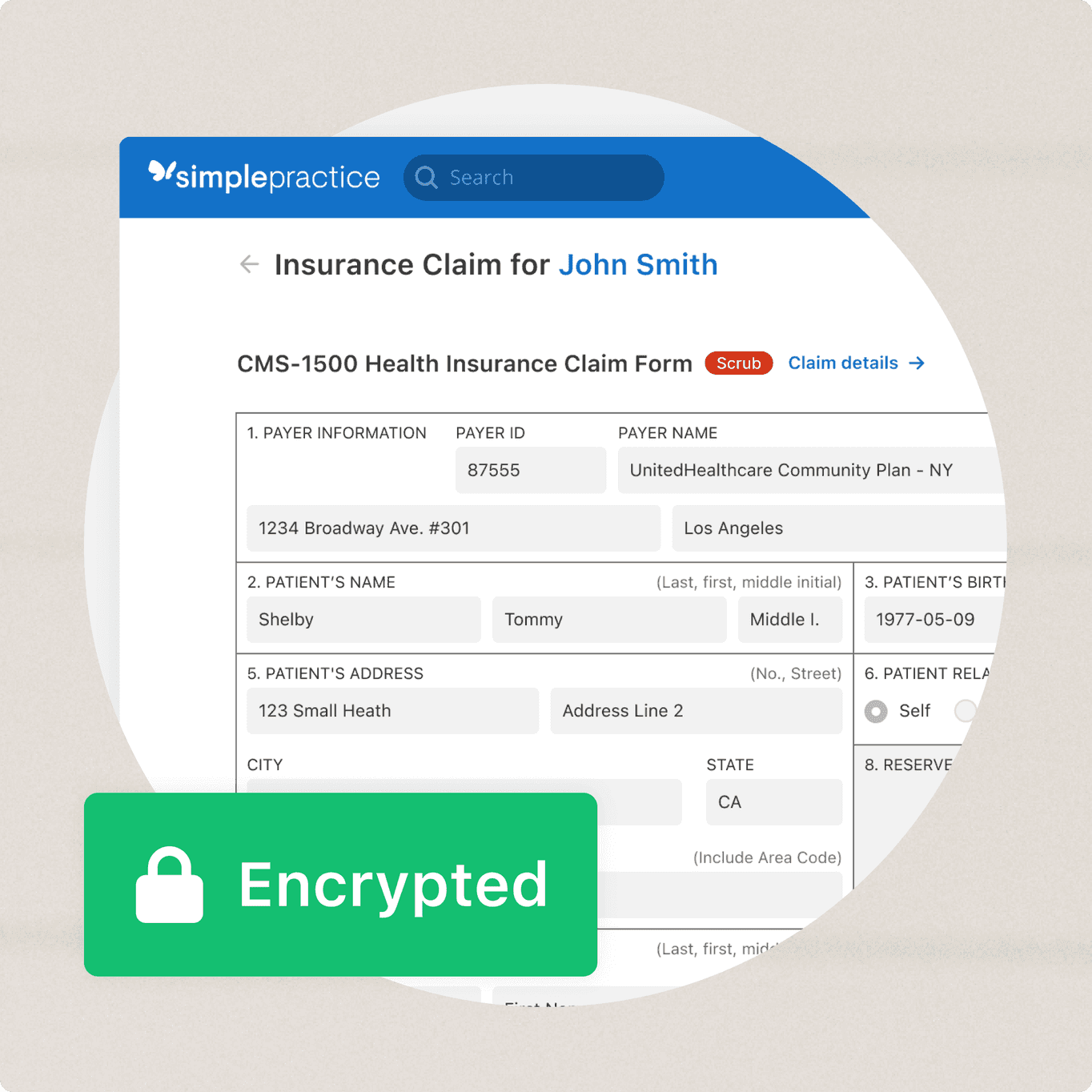 Electronic insurance claim in software for occupational therapists with badge that says Encrypted