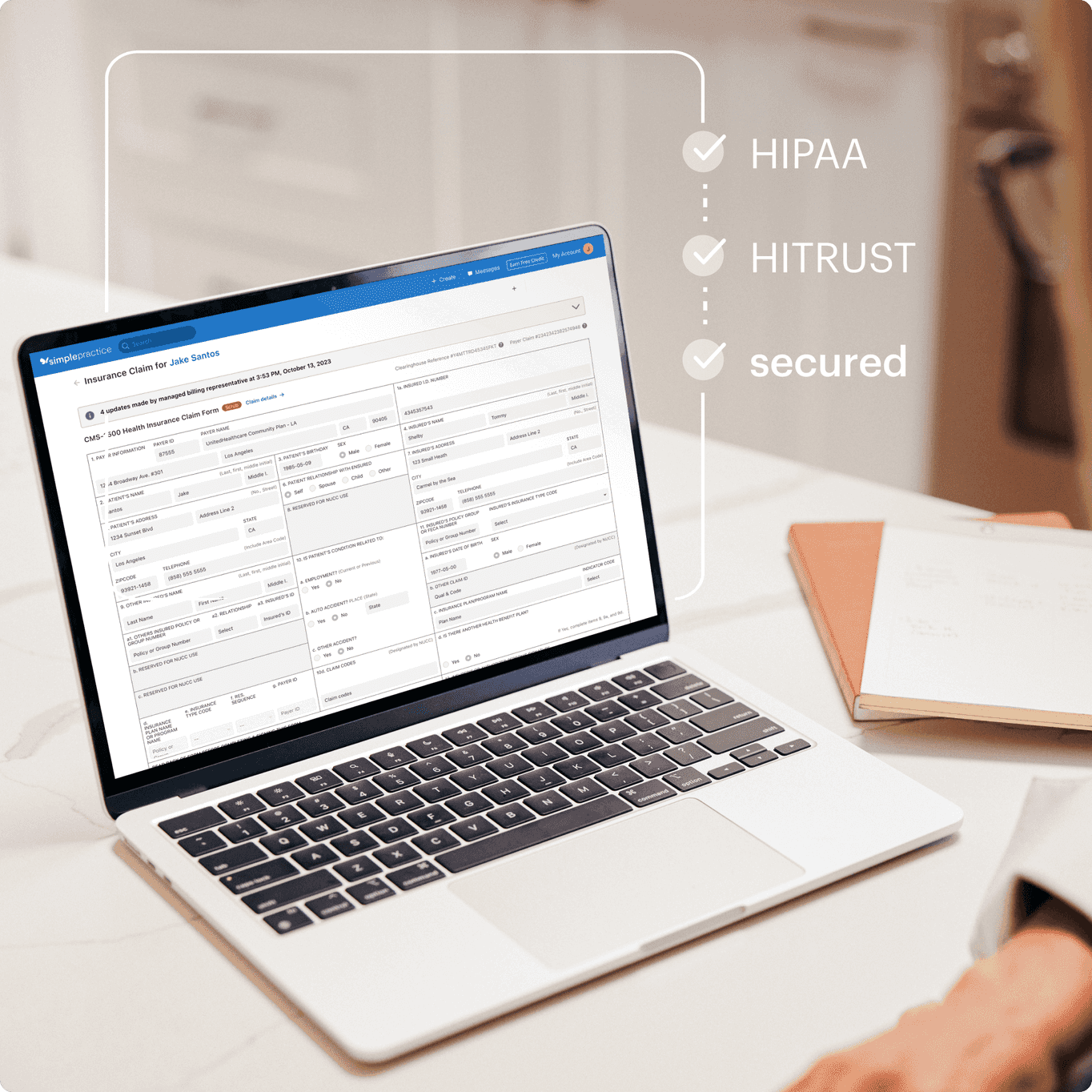 Laptop showing electronic insurance claim in software for occupational therapists with border that says HIPAA HITRUST secured