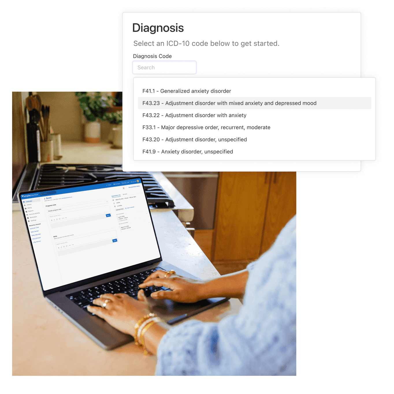 practitioner setting a diagnosis code on our therapy notes software
