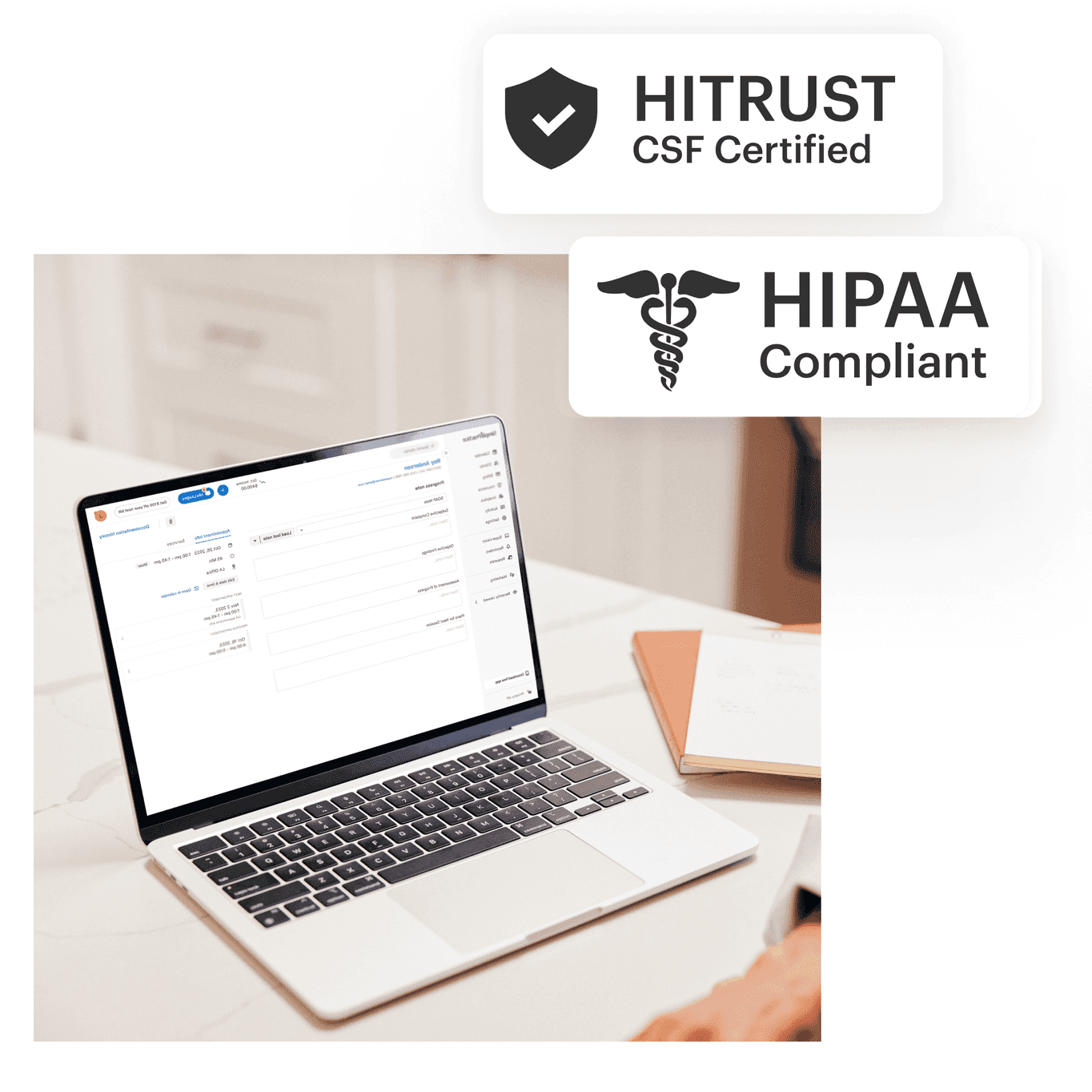 Therapist using SimplePractice on a laptop, overlaid with logos that say "HITRUST CSF Certified" and "HIPAA Compliant"