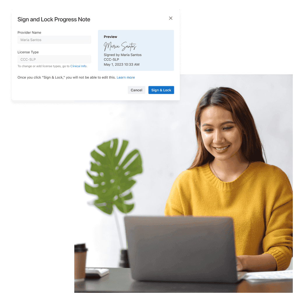 speech language pathologist signing and locking a note on her laptop