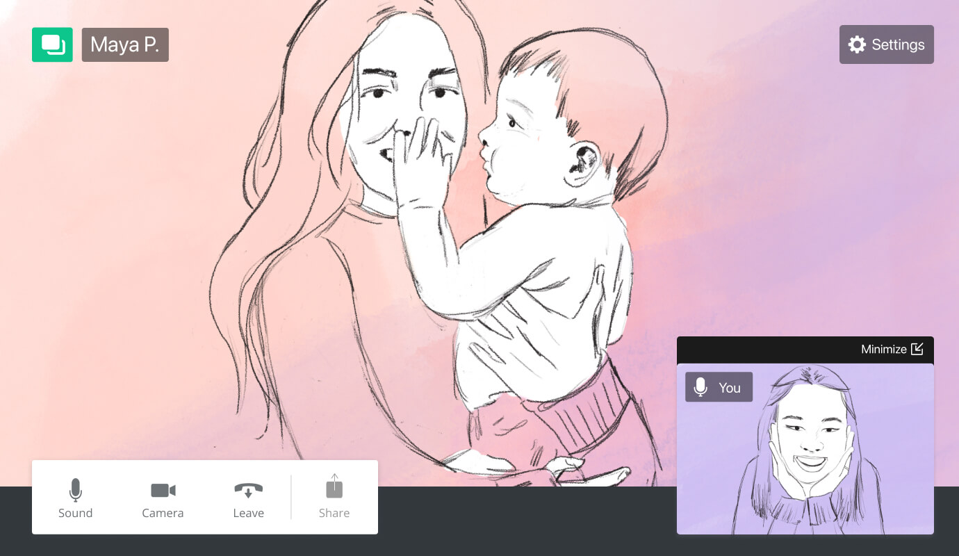 An illustration of a mom and a baby on a telehealth call with a therapist.
