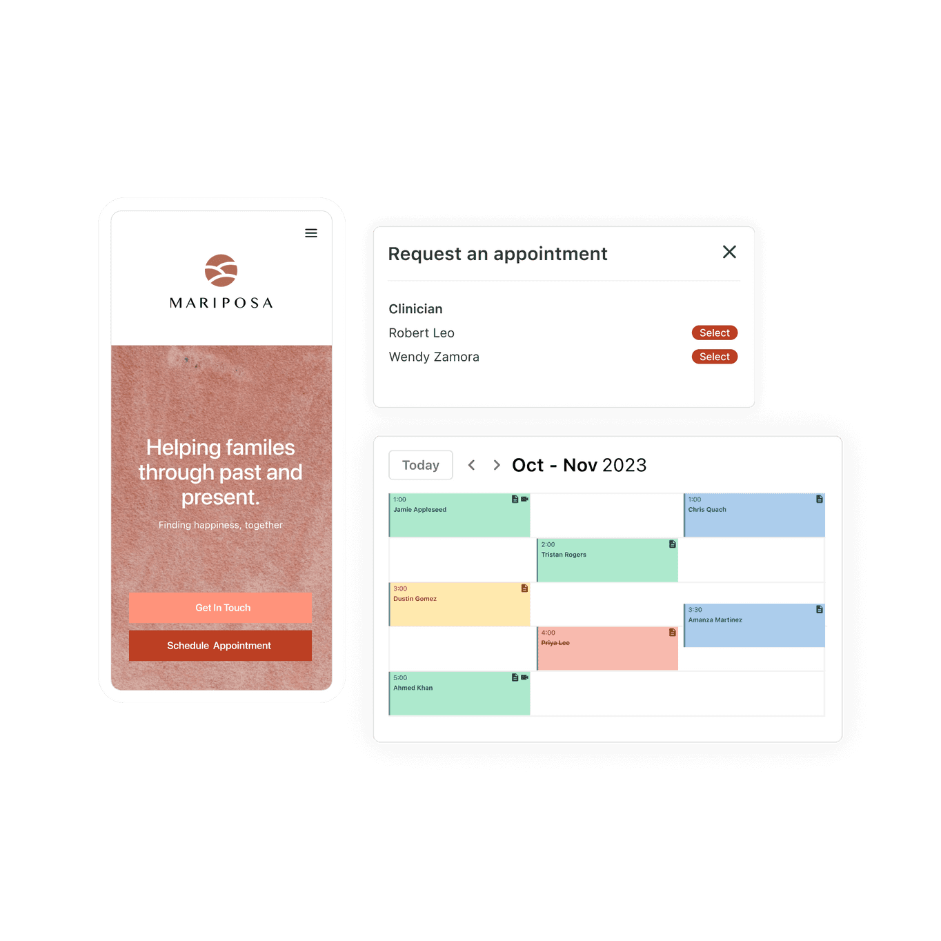 Graphic of the SimplePractice calendar, appointment request feature, and the Professional Website feature