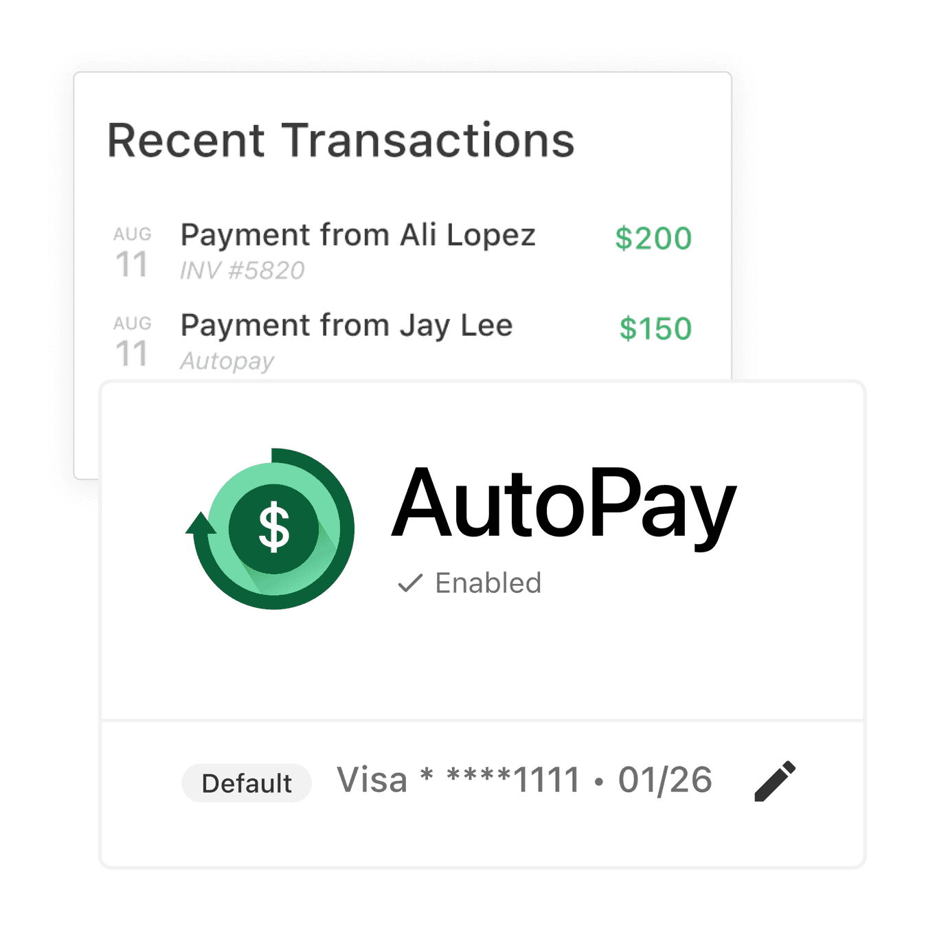Graphic of Recent Transaction log with Autopay feature in SimplePractice