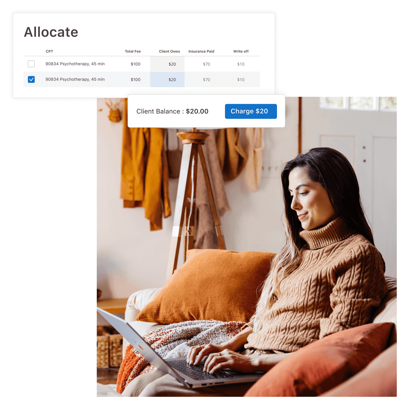 therapist allocating payments on a laptop using our billing software for therapists