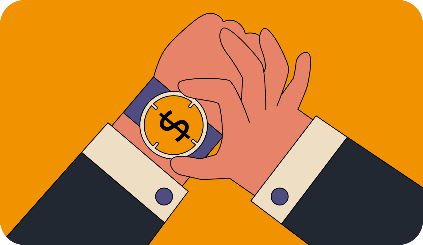 An illustration of a therapists hands as he checks his watch and sees the dollar sign because he is wondering how to bill clients for extended sessions.