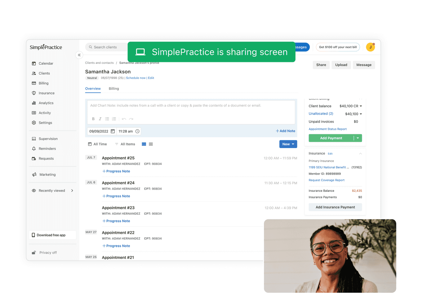 Graphic of SimplePractice platform with screen share enabled, overlaid by image of a woman smiling
