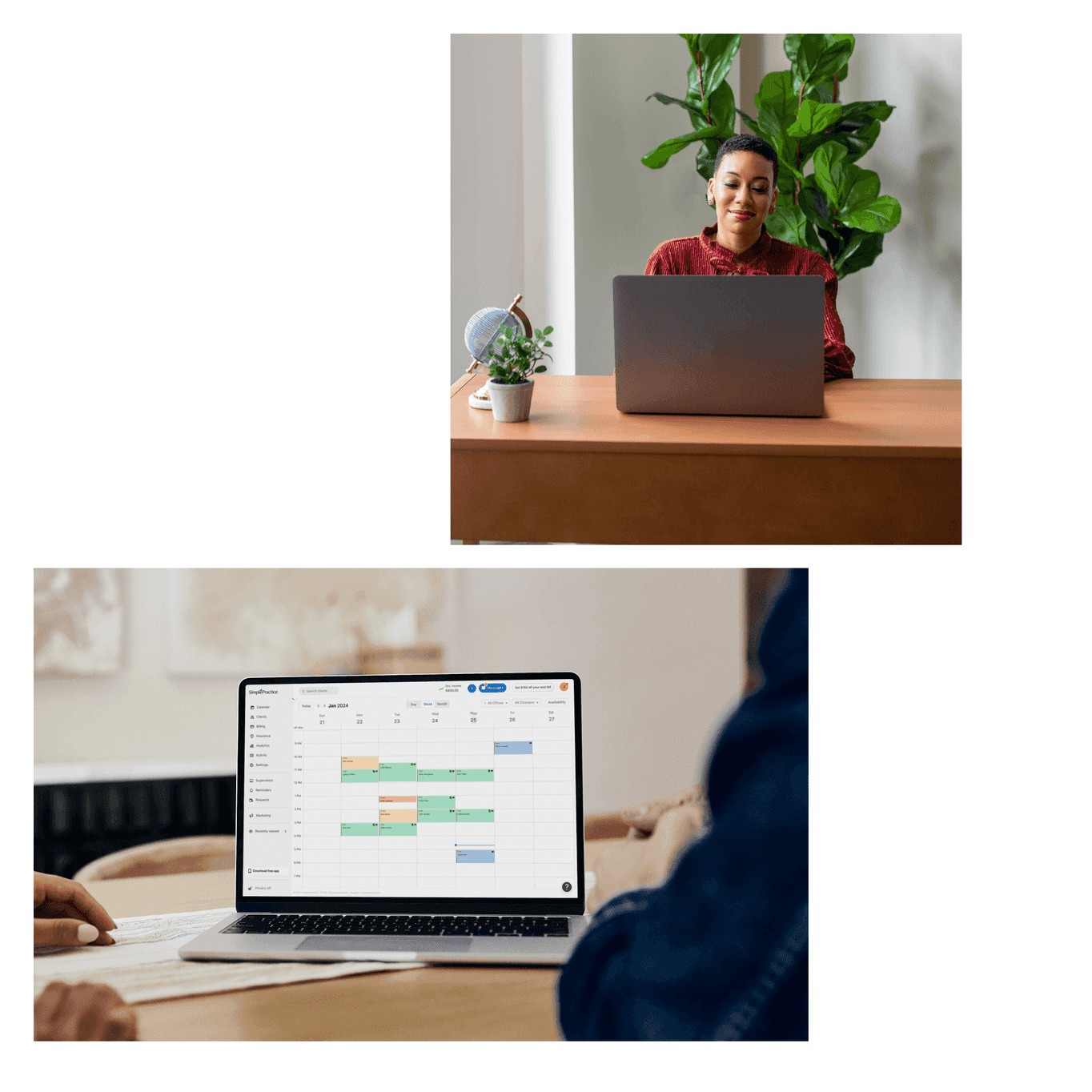 Therapist managing her schedule using SimplePractice on a laptop
