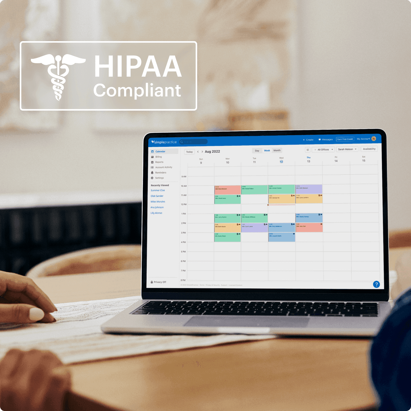 Software for occupational therapists viewed on a laptop with badge that says HIPAA Compliant