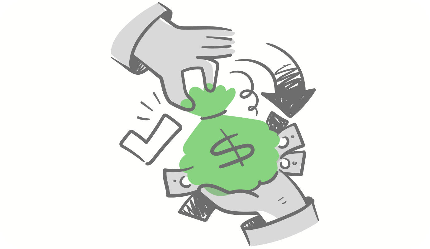 An illustration showing a therapist's hand receiving a sack of money as reimbursement for late insurance claims