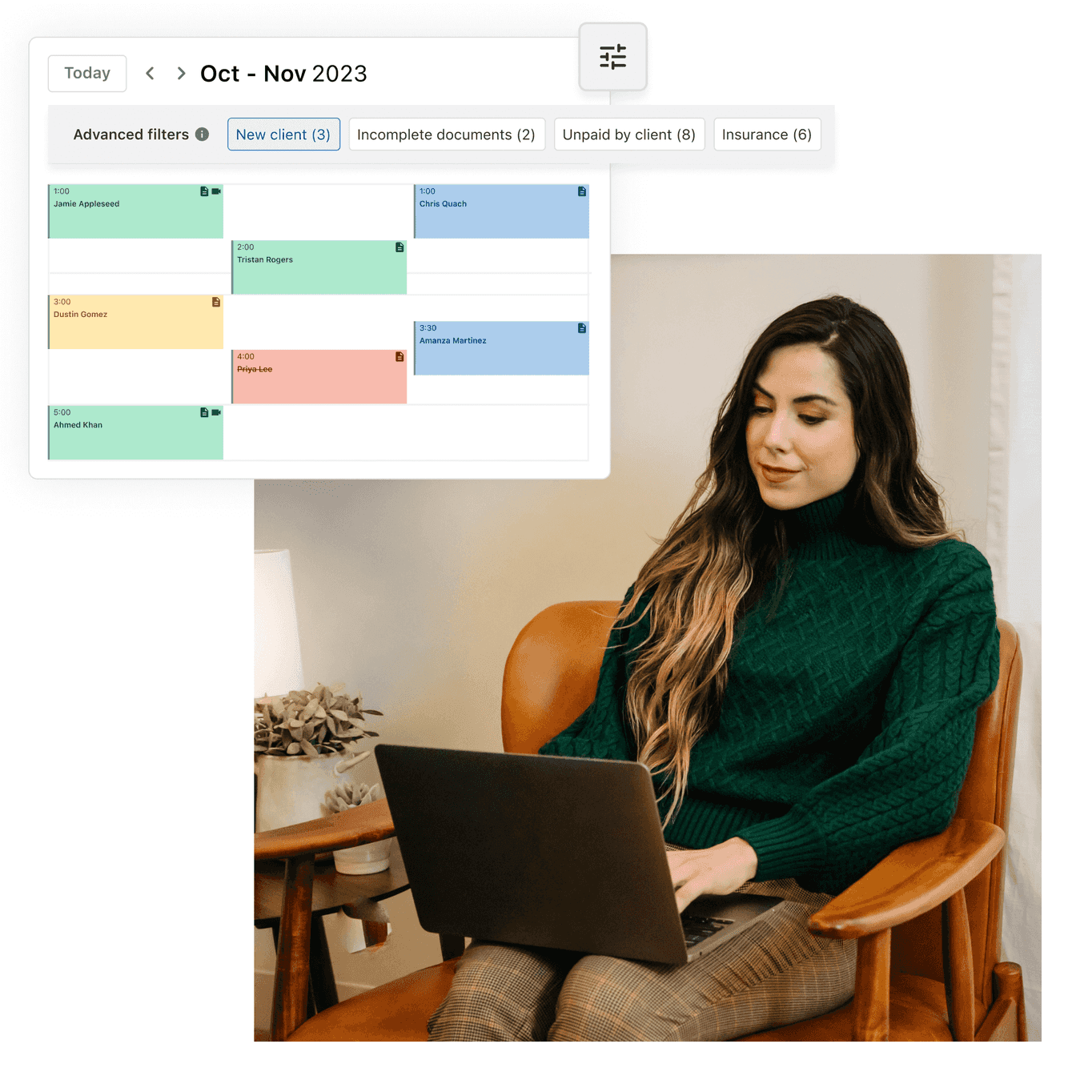 therapist using calendar filters on their scheduling software for therapists