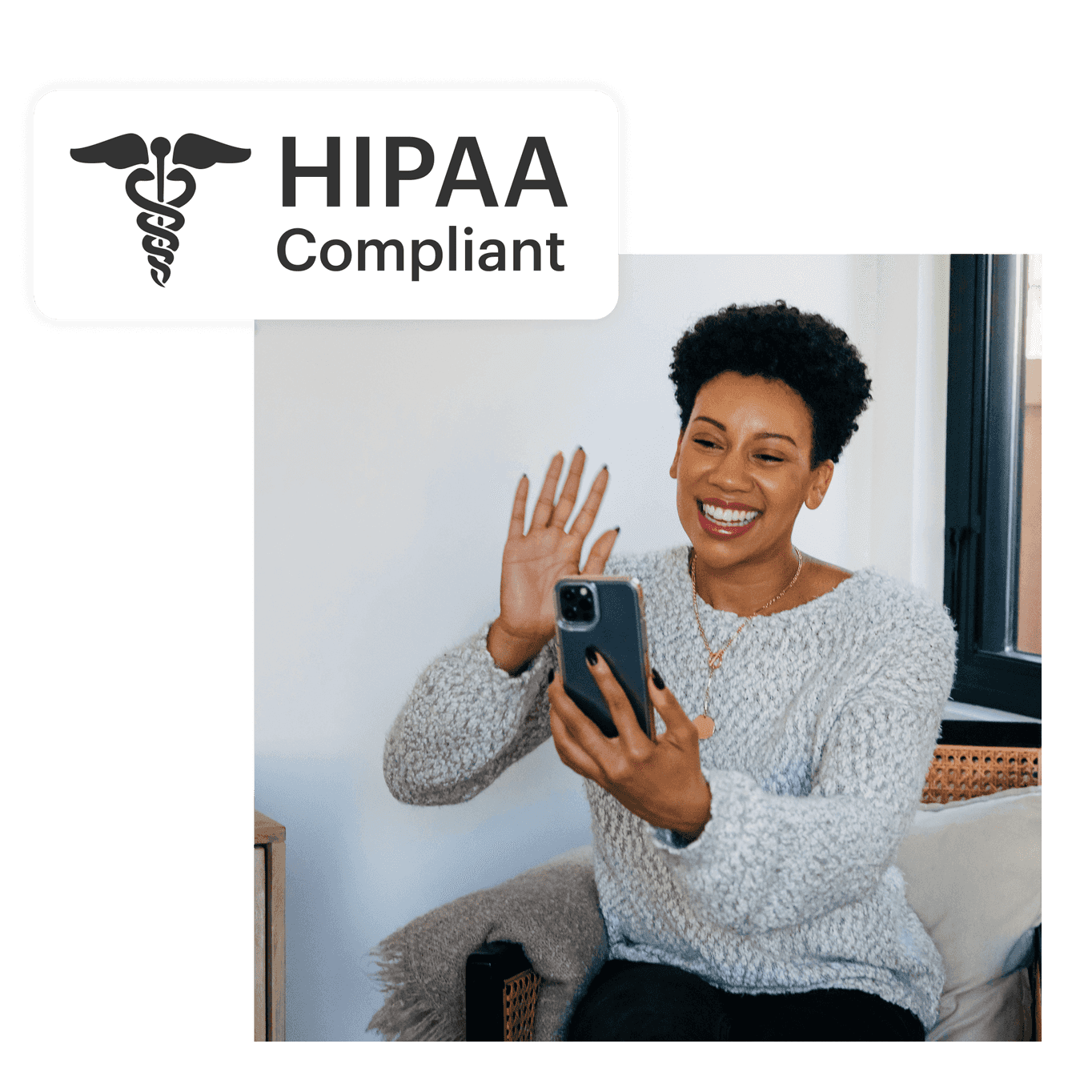 therapist using our HIPAA compliant telehealth software on her mobile phone