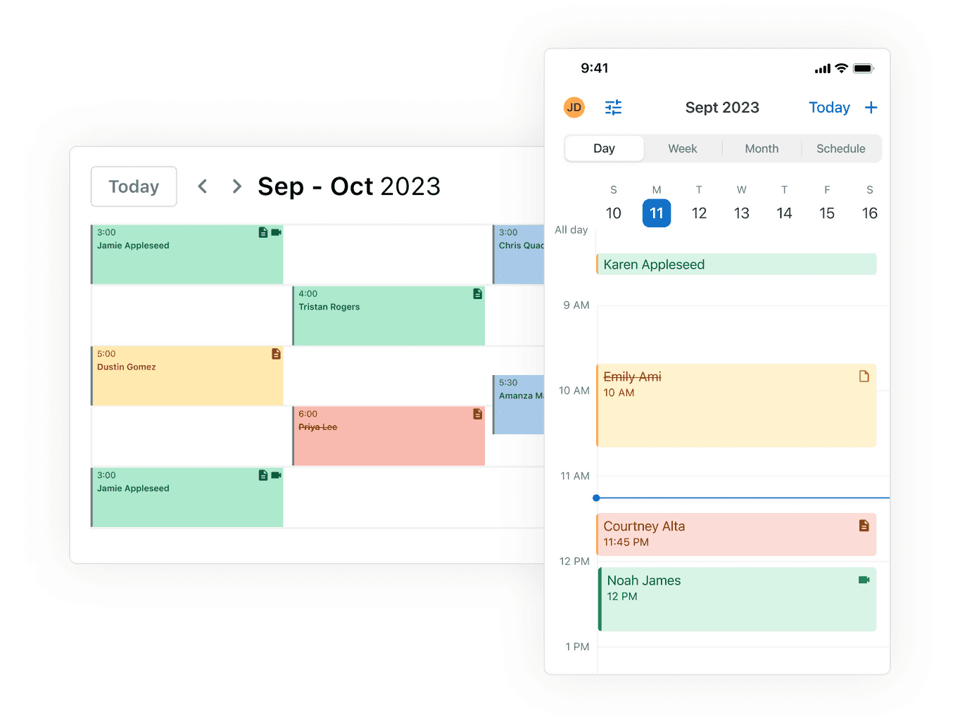 Graphic of SimplePractice calendar on desktop and iCal on mobile